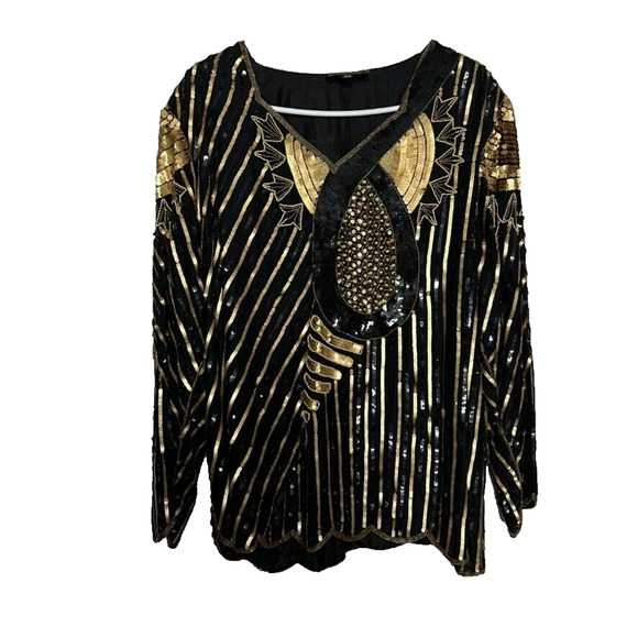 Royal Feelings Blouse Women 2X Sequined Beaded Abstract Graphic Vtg 80s Silk - Picture 1 of 13
